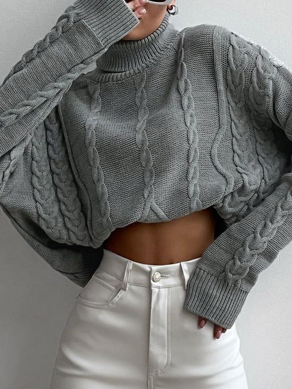 Solid Cable Knit High Neck Sweater