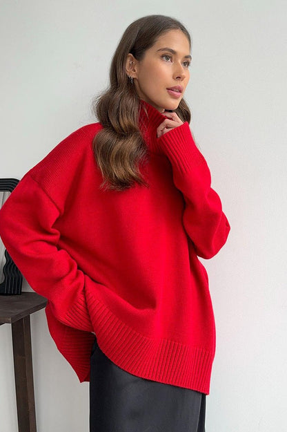Solid High Neck Slouchy Slim-Fit Knit Sweater