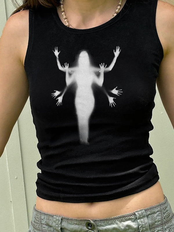 Street Shadow Print Ribbed Cropped Tank Top
