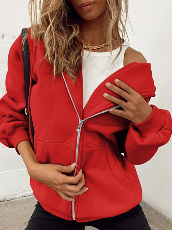 Solid Drawstring Zip Up Oversized Hoodie