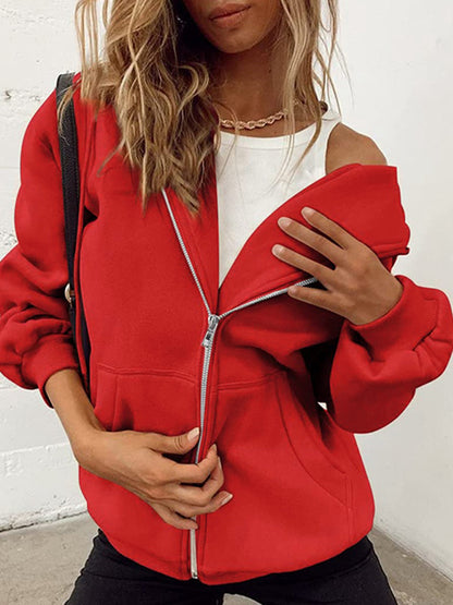 Solid Drawstring Zip Up Oversized Hoodie