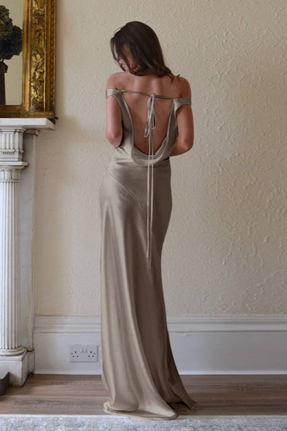 Sexy Off Shoulder Back Lace Satin Formal Dress