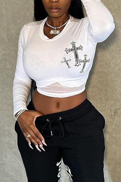 Cross Graphic Sheer Mesh Crop Top