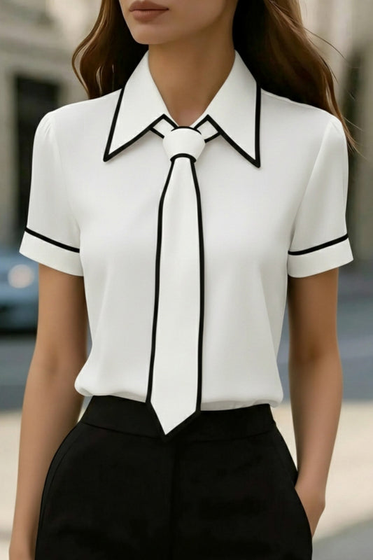 Stylish Color-blocked Trim Collared Short-sleeved Casual Shirt