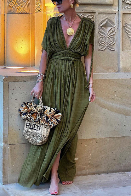 style linen blend pleated plait kimono concealer slit skirt