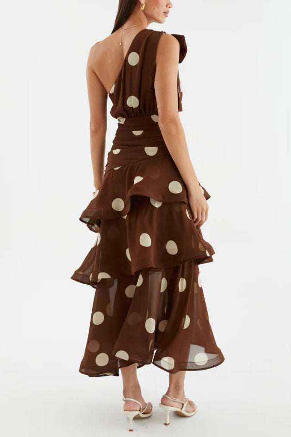 Fashionable Polka Dot Print One-shoulder Sleeveless Layered Mesh Maxi Dress