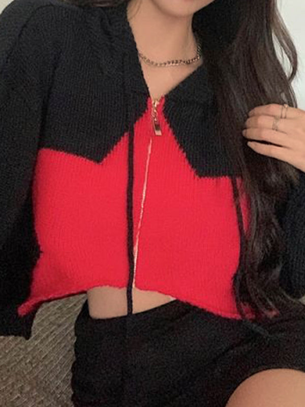 Contrast Color Star Hooded Crop Cardigan