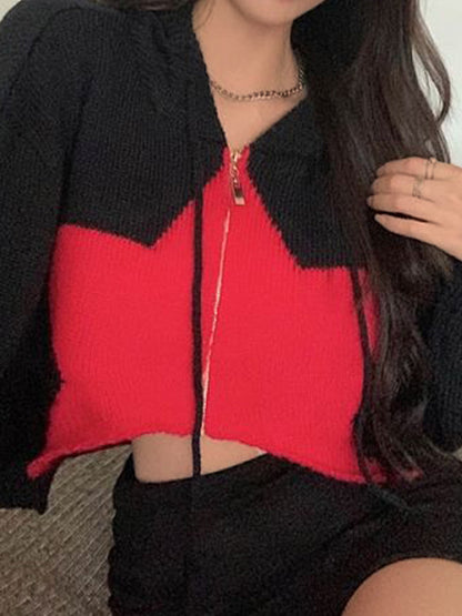 Contrast Color Star Hooded Crop Cardigan