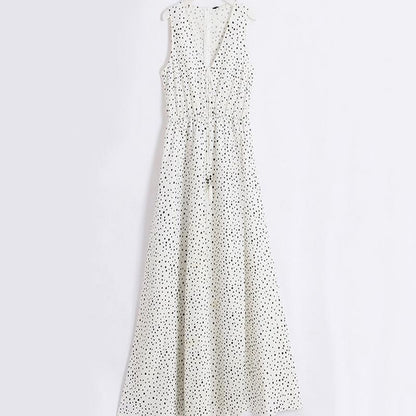 V Neck Dot Printed Floor Length Dress(3 Colors)