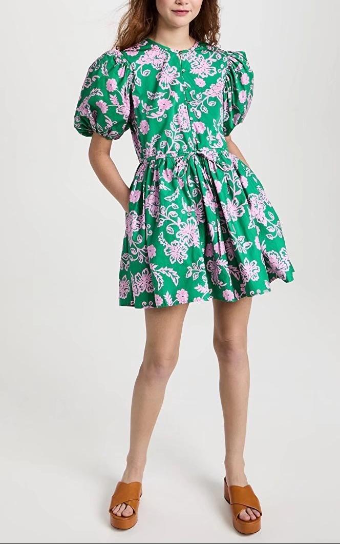 Spring Women Clothing Slimming Sleeves round Neck Printed A-line Dress