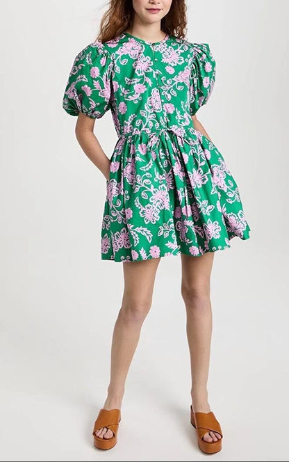 Spring Women Clothing Slimming Sleeves round Neck Printed A-line Dress