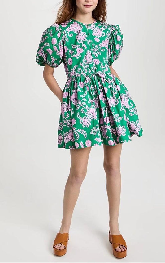 Spring Women Clothing Slimming Sleeves round Neck Printed A-line Dress