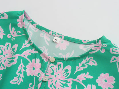 Spring Women Clothing Slimming Sleeves round Neck Printed A-line Dress