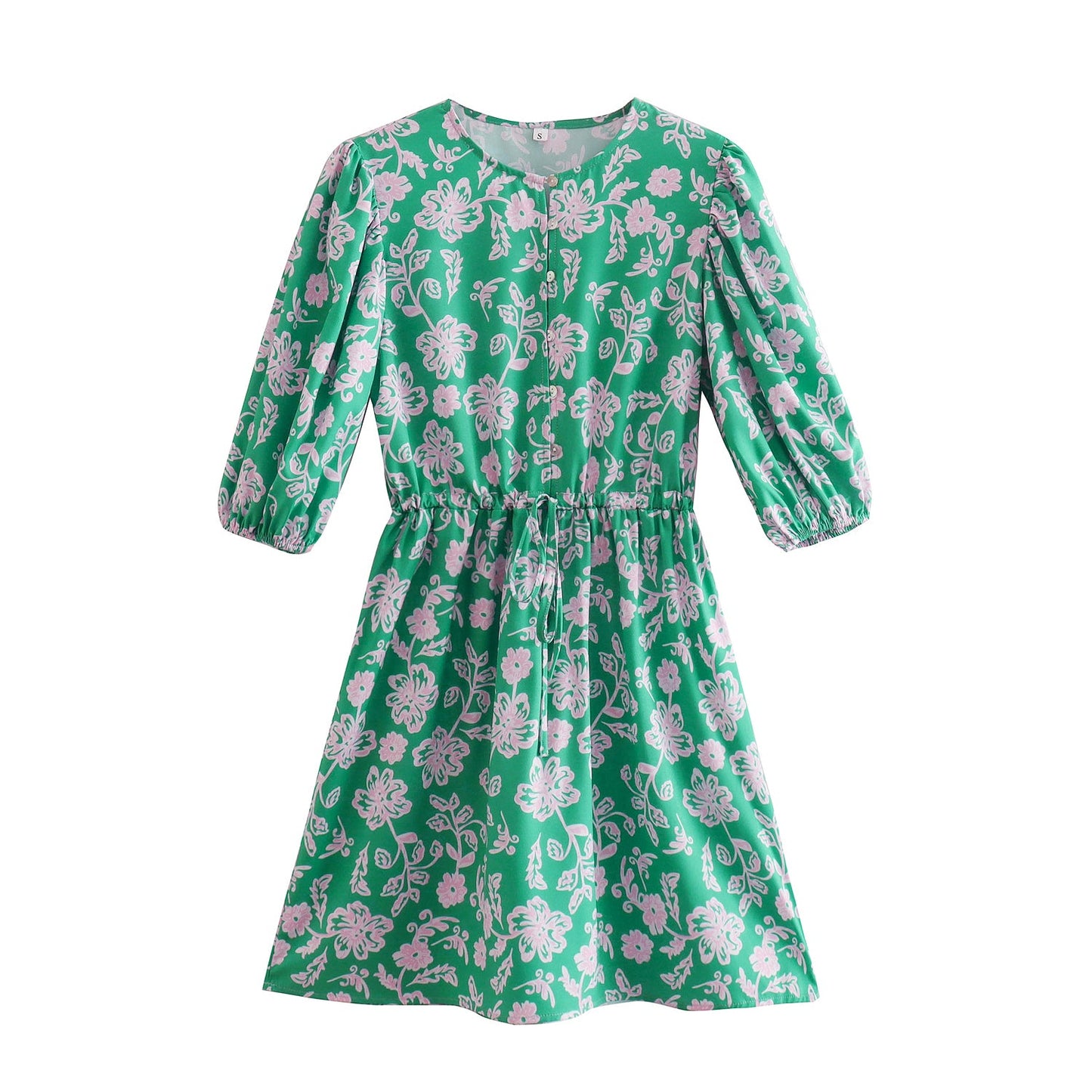 Spring Women Clothing Slimming Sleeves round Neck Printed A-line Dress