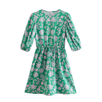 Spring Women Clothing Slimming Sleeves round Neck Printed A-line Dress