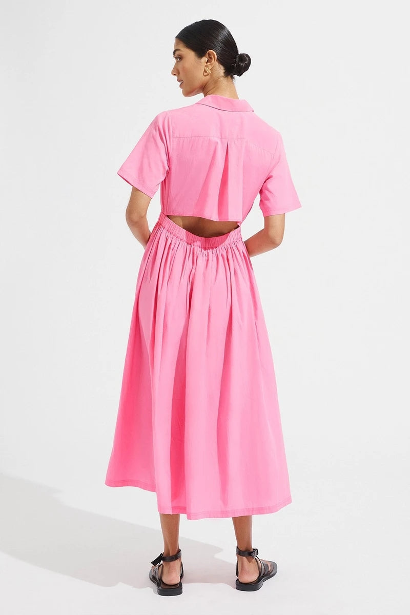 Women Clothing Collared Back Hollow-out Cropped Shirt Dress