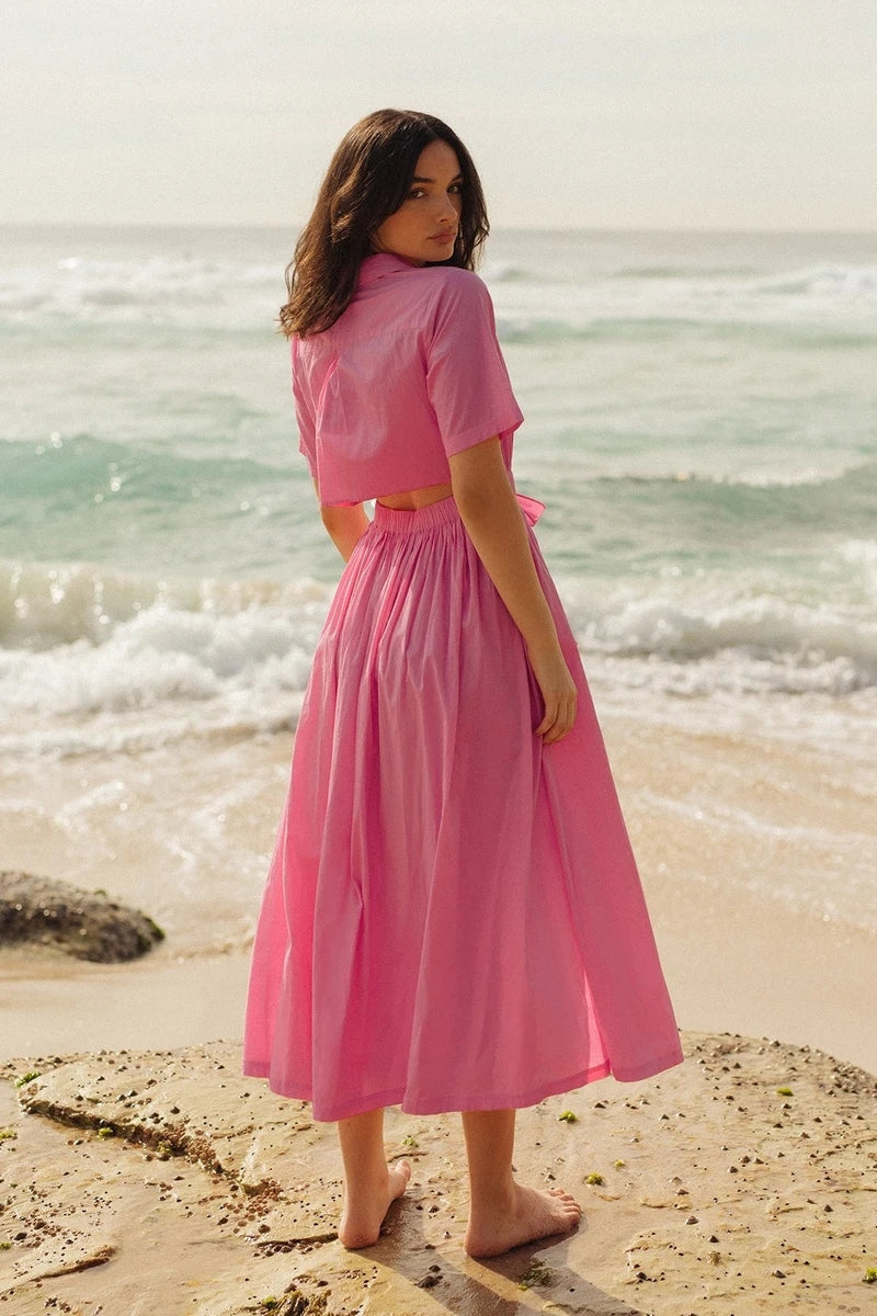 Women Clothing Collared Back Hollow-out Cropped Shirt Dress