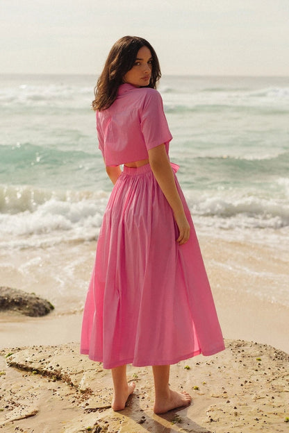 Women Clothing Collared Back Hollow-out Cropped Shirt Dress