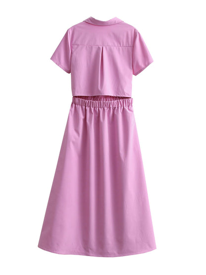 Women Clothing Collared Back Hollow-out Cropped Shirt Dress