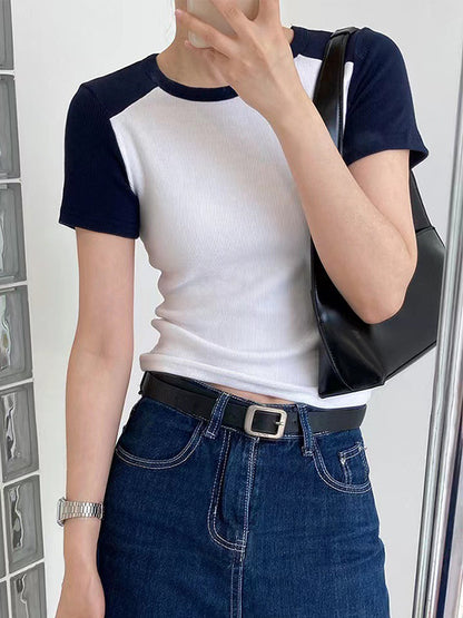 Contrast Color Stitching Crewneck Short Sleeve Knits