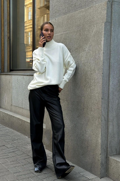 High Neck Patchwork Knit Sweater