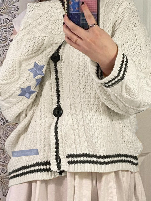 Oversize Star Embroidered Cable Knit Cardigan