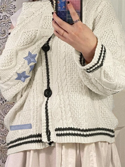 Oversize Star Embroidered Cable Knit Cardigan