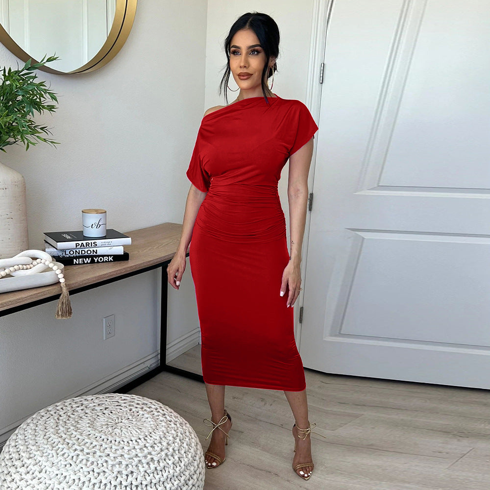 Women Clothing Popular Solid Color Pleated Slim-Fit Oblique Shoulder Dress