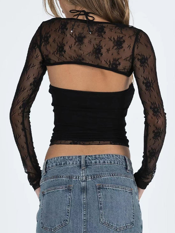 See Through Lace Bandeau Smock Two Piece Long Sleeve Tee