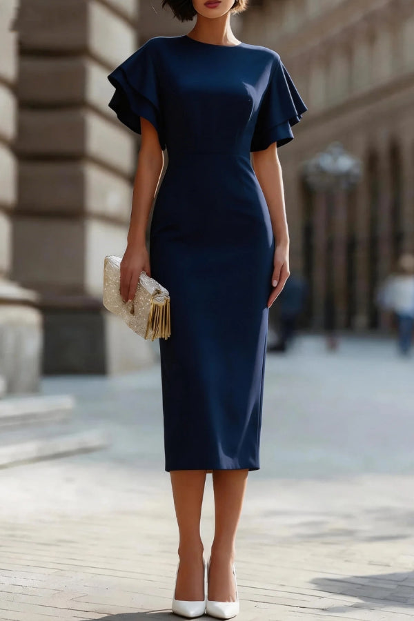Solid Color Round Neck Ruffle Sleeve Elegant Slim-fit Midi Dress