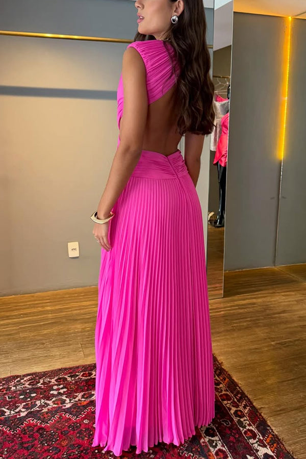 Tamia Pleated Chiffon Fabric Crossover Cutout Waist Open Back Maxi Dress