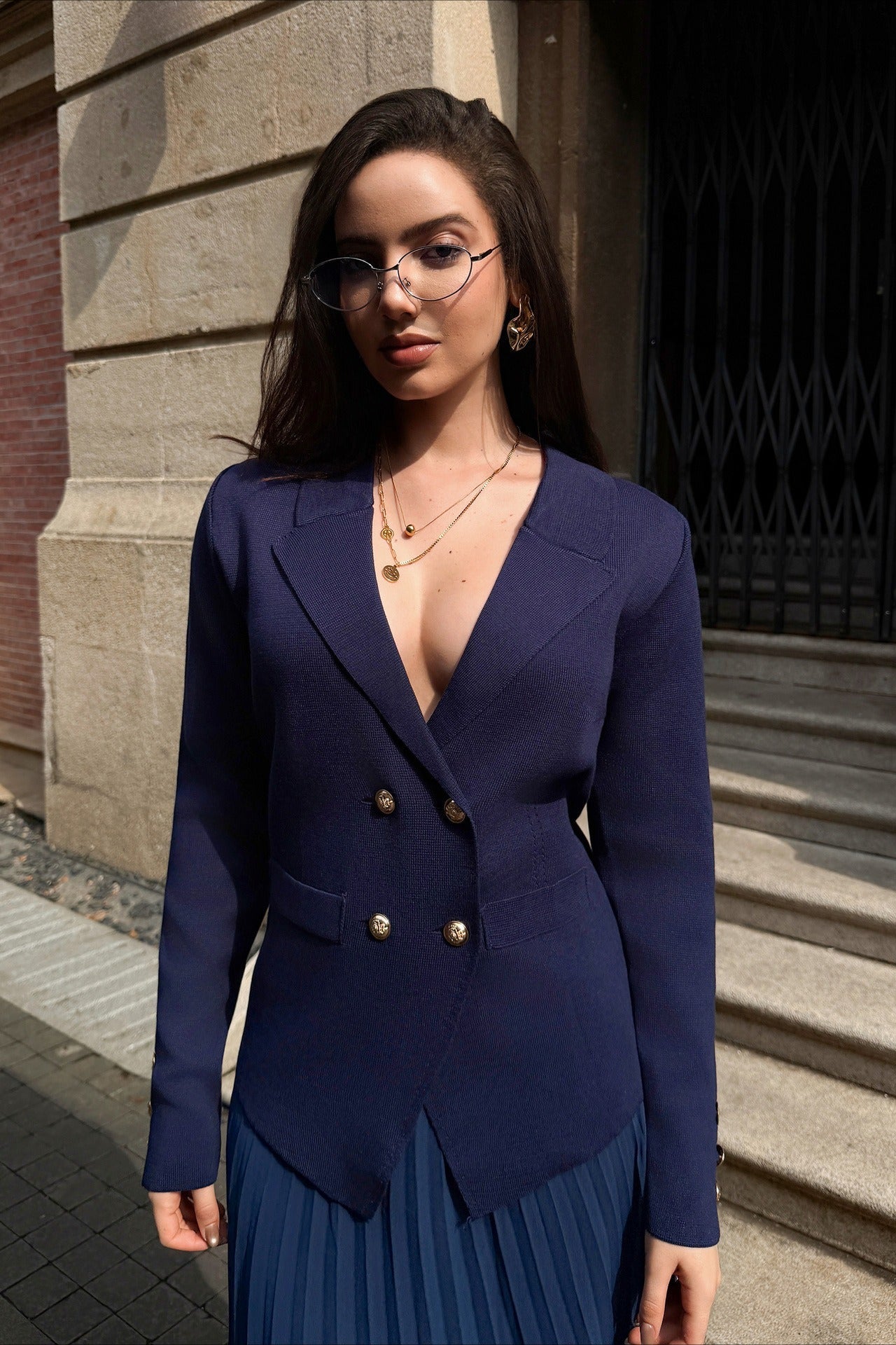 V Neck Double Breasted Knit Blazer Pleated Skirt Set