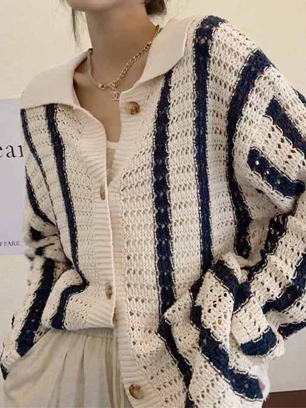 Cutout Striped Baggy Cardigan