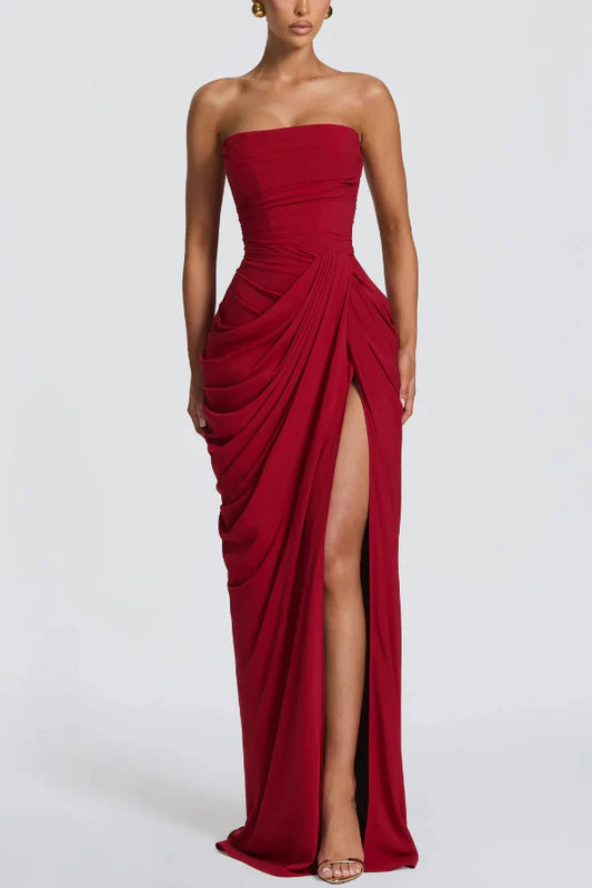 Cyra Chiffon Back Lace-up Asymmetrical Pleats Strapless Slit Maxi Dress