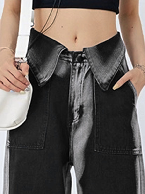Vintage Wash Turned Waist Boyfriend Jeans
