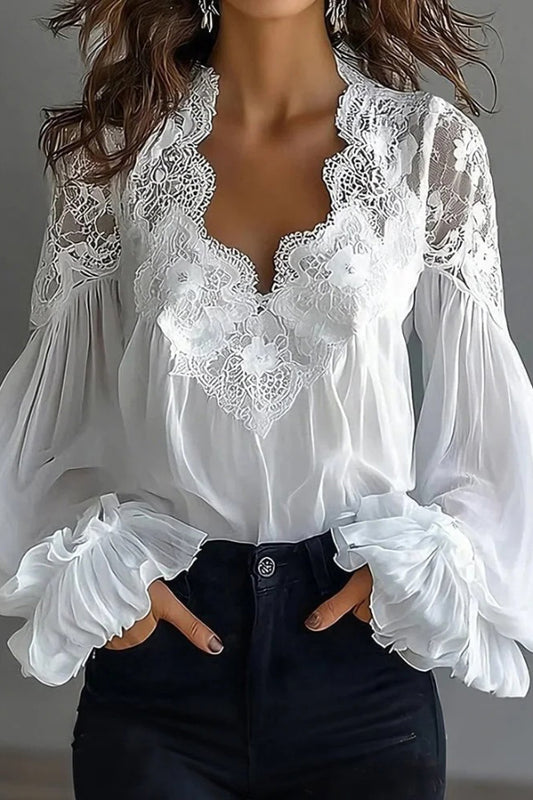 Fashionable Patchwork Lace V-neck Puff Sleeve Loose Shirt