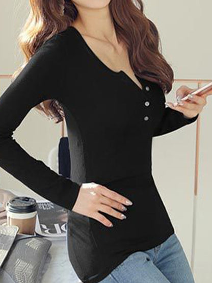 Solid Ribbed Breasted Long Sleeve Tee