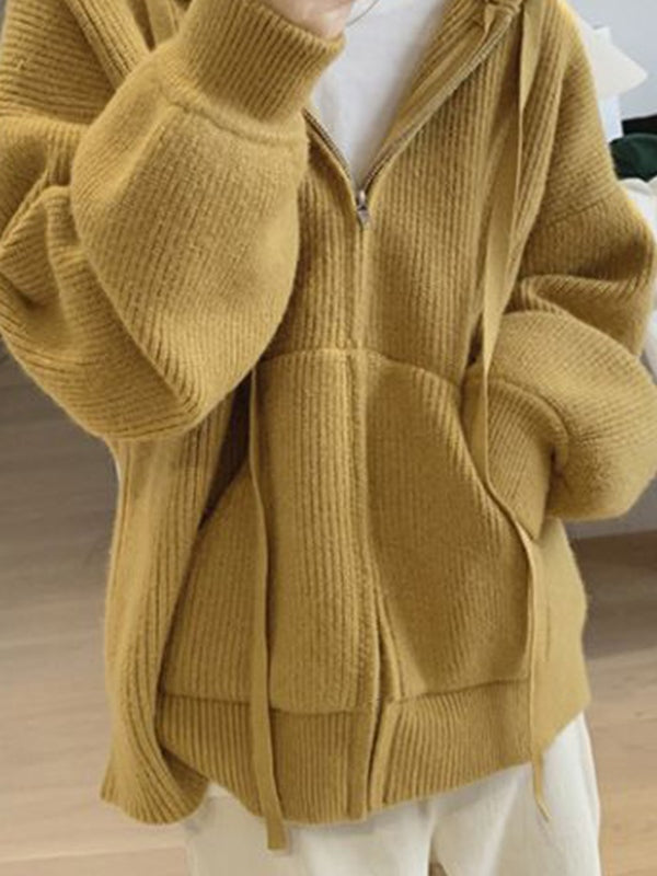 Solid Hooded Zip Up Knit Cardigan