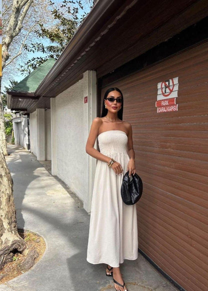 Lemon Daylight – Strapless Smocked Maxi Dress