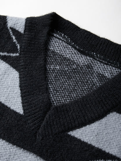 Plush Stripe Print V Neck Star Embellished Sweater