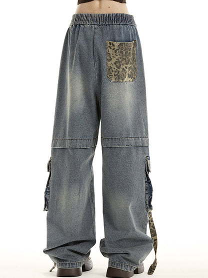 Vintage leopard print multi-pocket straps Cargo Jeans