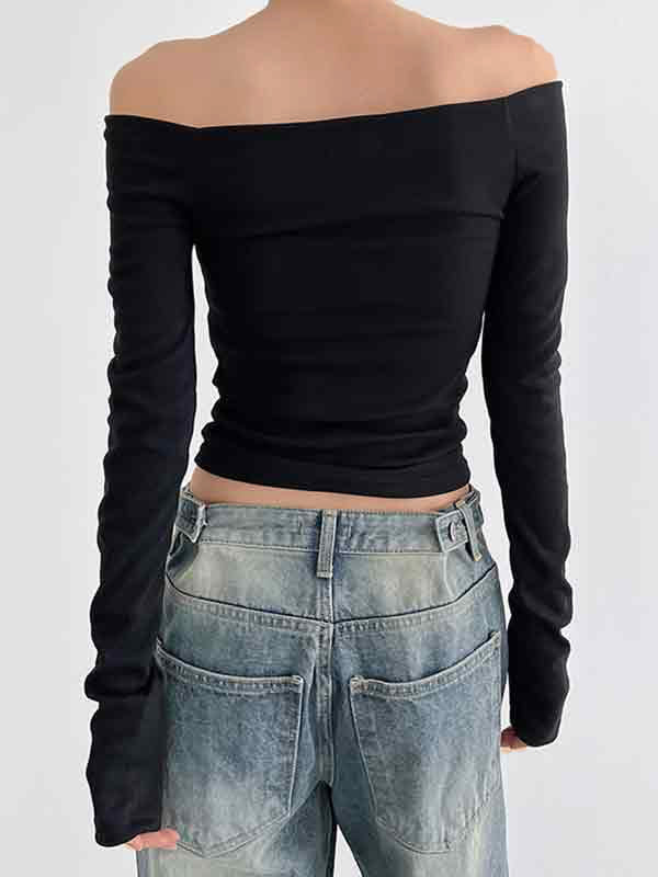 Spider Print Off Shoulder Slim Long Sleeve Tee