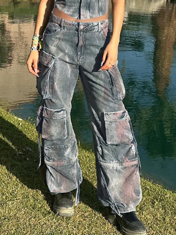 Vintage Tie Dye Multi Pocket Cargo Jeans