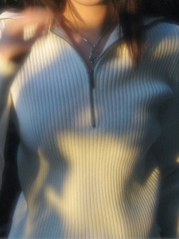 Solid Half Zip Ribbed Sweater