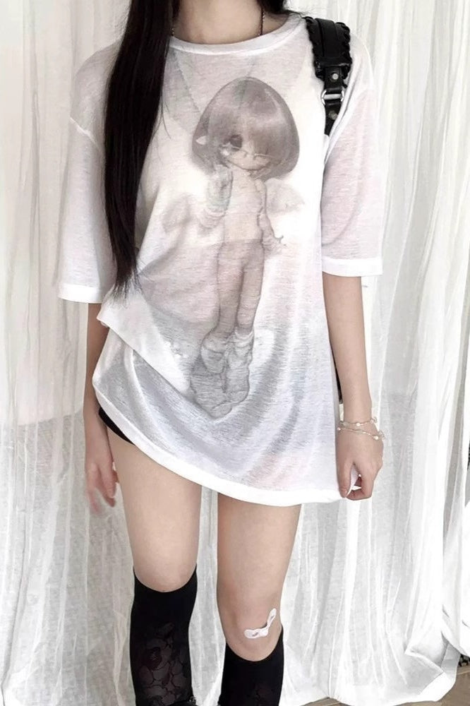 Vintage Angel Print Loose Sunscreen T-shirt