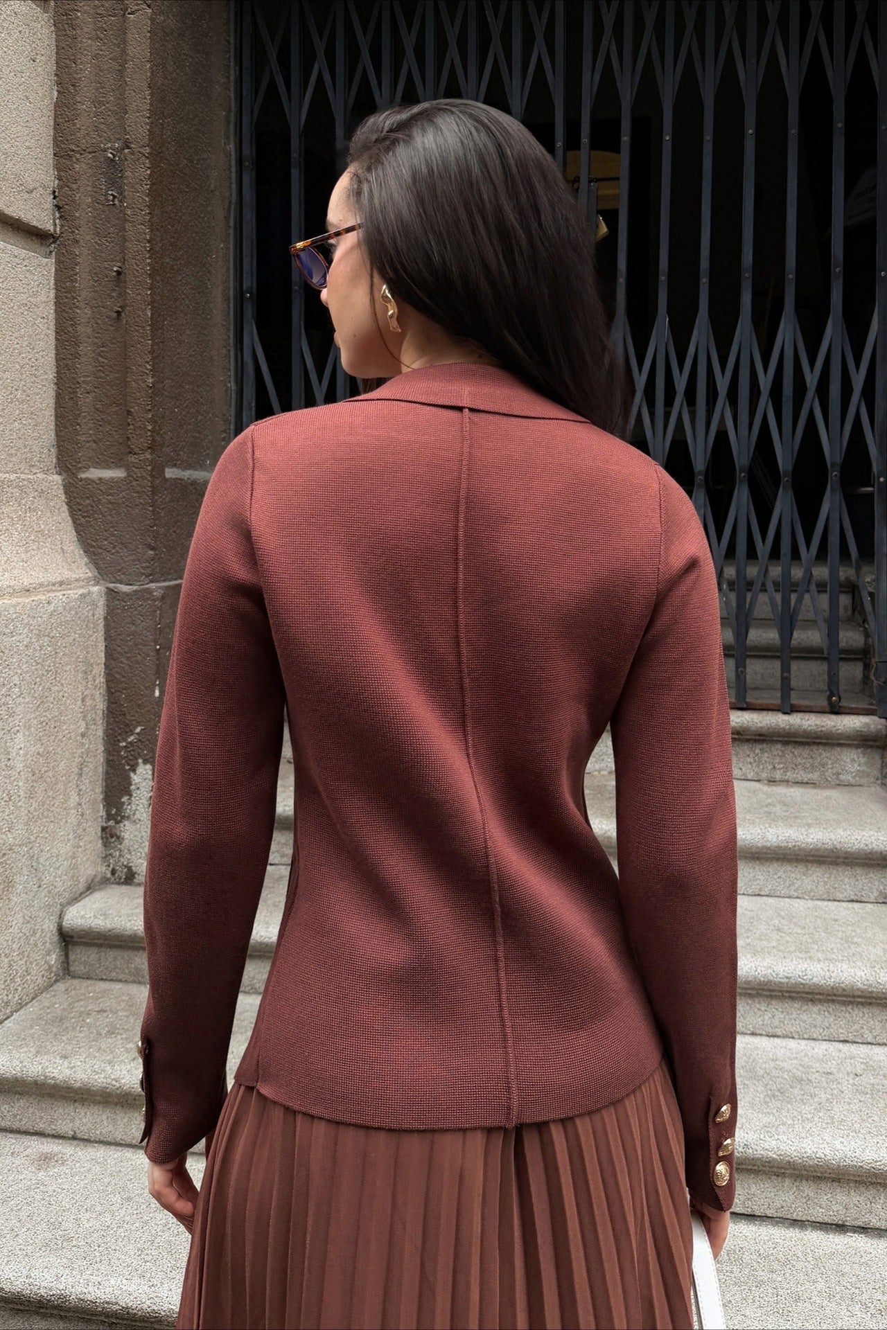 V Neck Double Breasted Knit Blazer Pleated Skirt Set