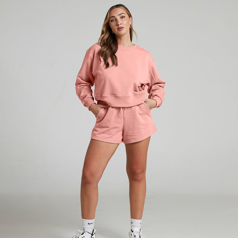 Solid Color Long Sleeve Sweaters Women Clothing Short Two-Piece Casual Shorts Suit
