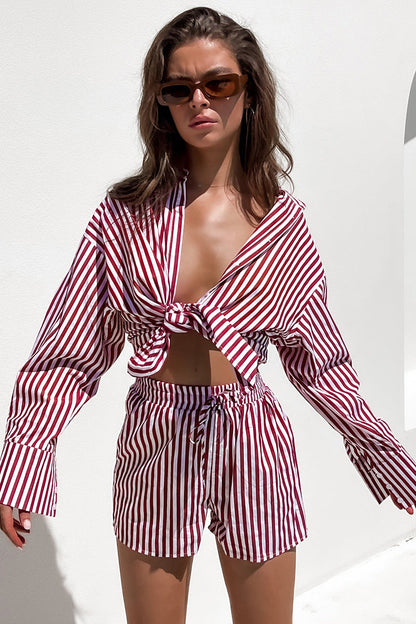 Spring Summer Office Casual Pants Suit Women Shirt Striped Long Sleeve Split Two-Piece Set