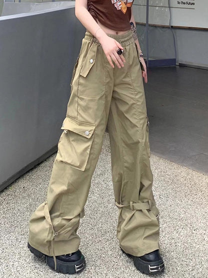 Vintage Big Pocket Drawstring Buckle Design Cargo Pants