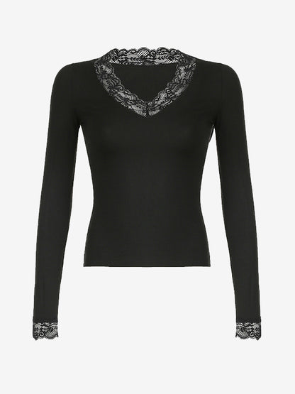 Lace Patchwork Long Sleeves Tee